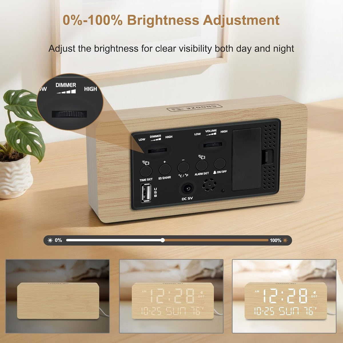 DreamSky Wooden Digital Alarm Clocks for Bedrooms with Date & Day of Week | Living Room Desk Clock, Temperature, USB