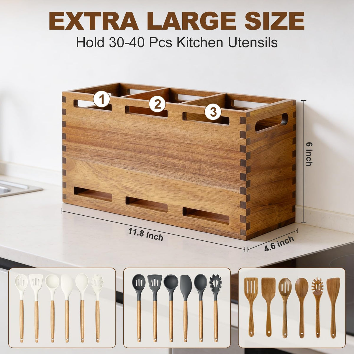 Acacia Wood Large Utensil Holder for Kitchen Counter Organizer Spoon Holder | Cooking Utensils Holder Countertop