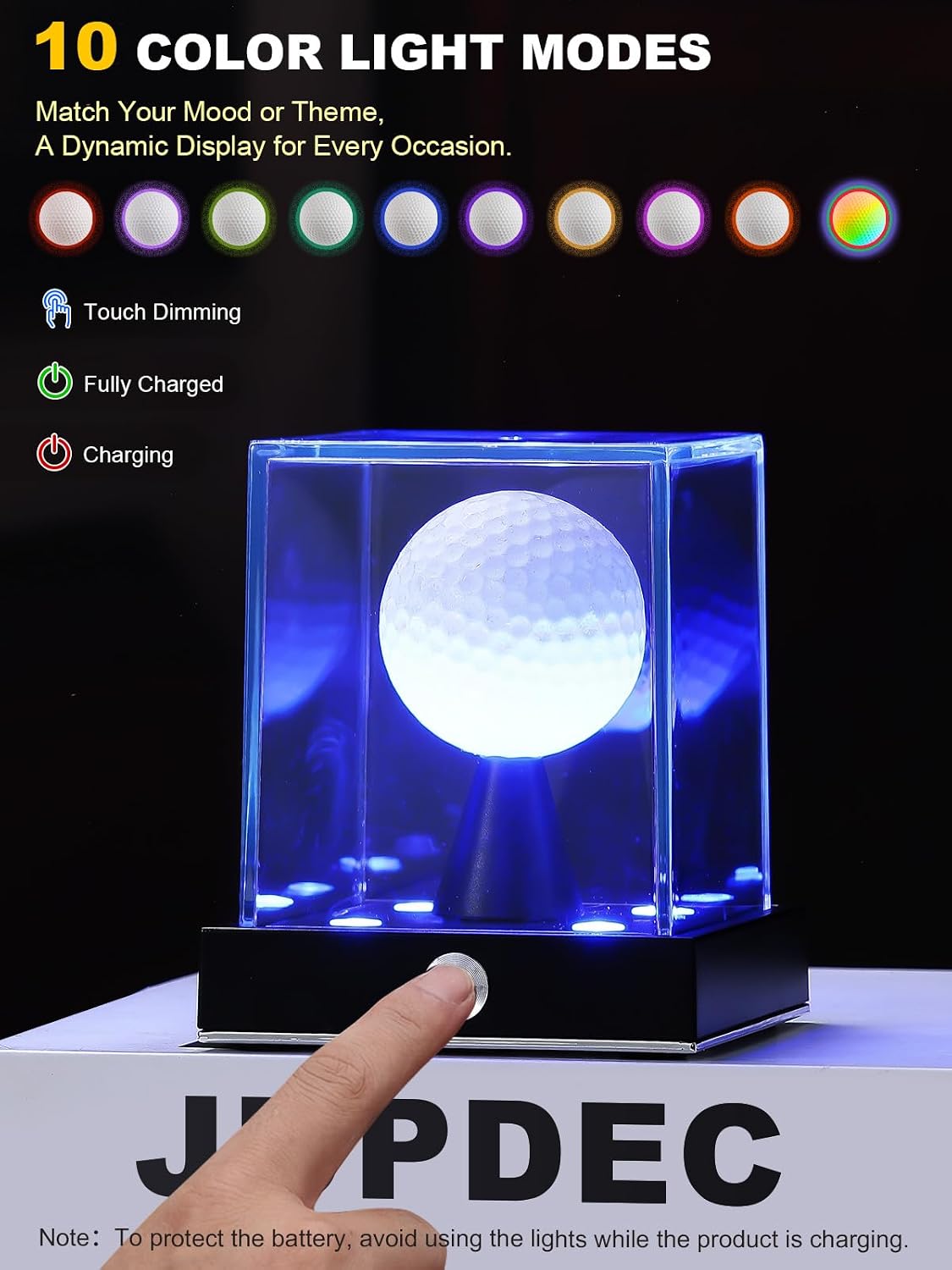 Cordless LED Golf Ball Display Case, Clear Acrylic Single Golf Ball Stand with 10 Color Light up, Autograph Cube