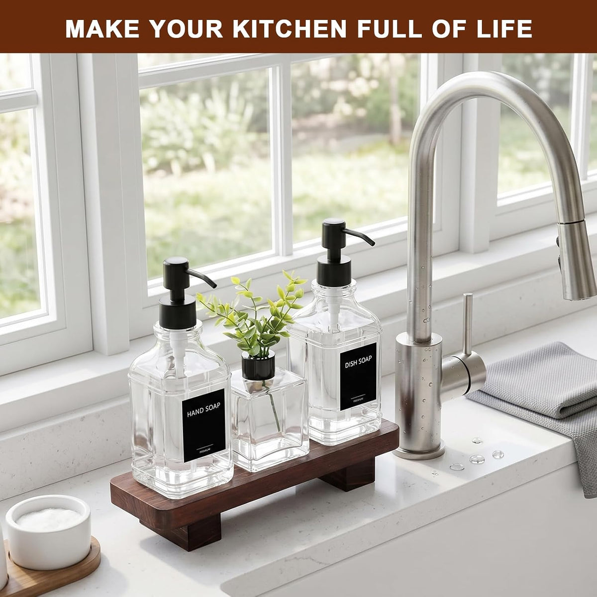 Kitchen Soap Dispenser Set with Wood Tray, Clear Glass Soap Dispenser with Pump, Decorative Hand and Dish Soap