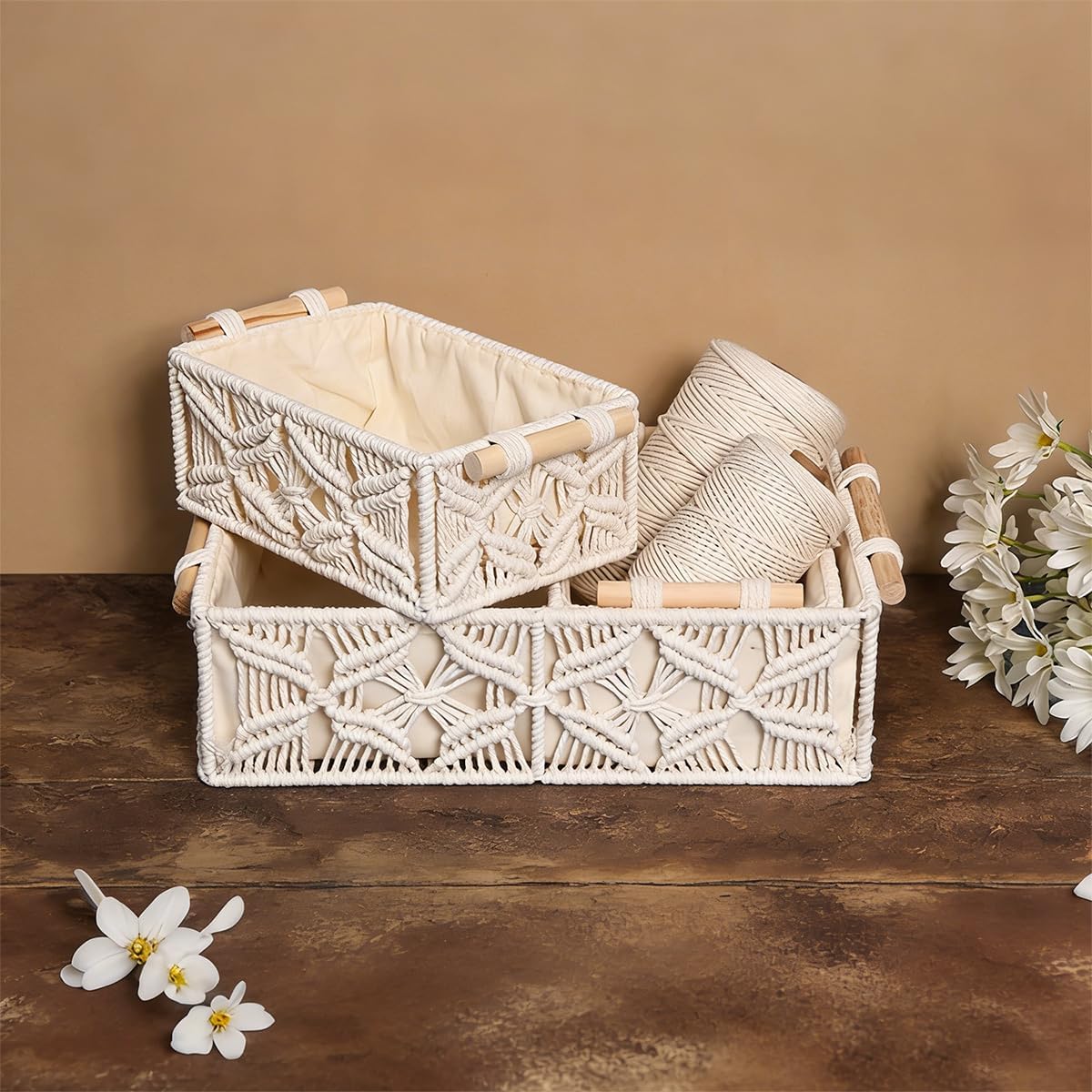 GIB Macrame Storage Basket Boho Decor Boxes Small Woven Baskets for Organizing / White / Set of 3