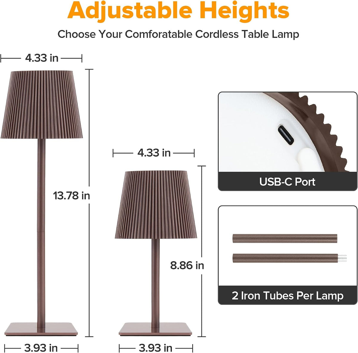 LUTEC 2 Pack Cordless Table Lamp,6000mAh Rechargeable Battery Operated Desk Lamp,Two Adjustable Heights,Waterproof