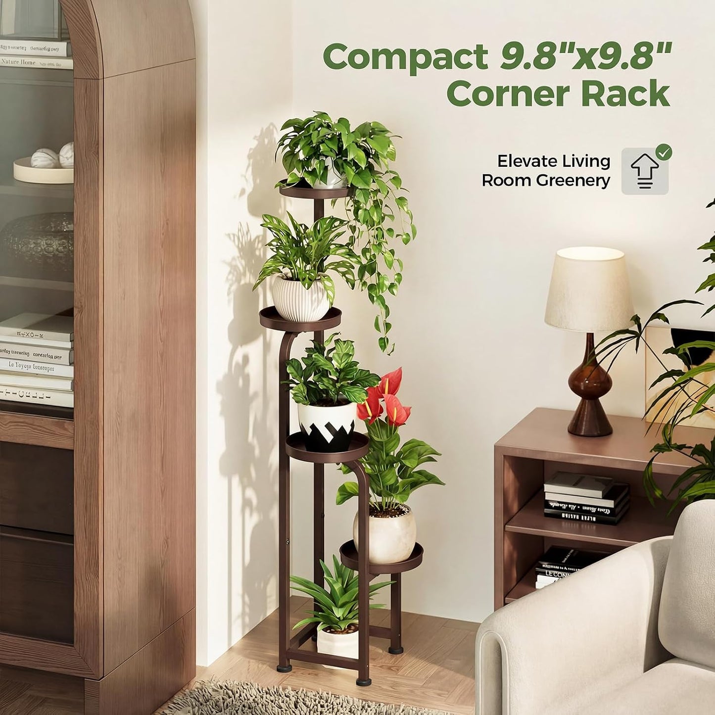 Bamworld Corner Plant Stand Indoor Outdoor Tall Metal Flower Pot Stands | 4 Tier Brown Heavy Duty Plant Shelf for