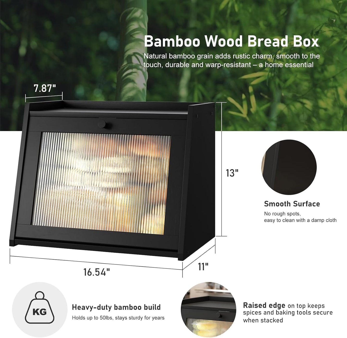 kiplant Large Bread Box for Kitchen Counter, Black Bamboo Bread Storage Container with Wavy Arcylic Transparent Door