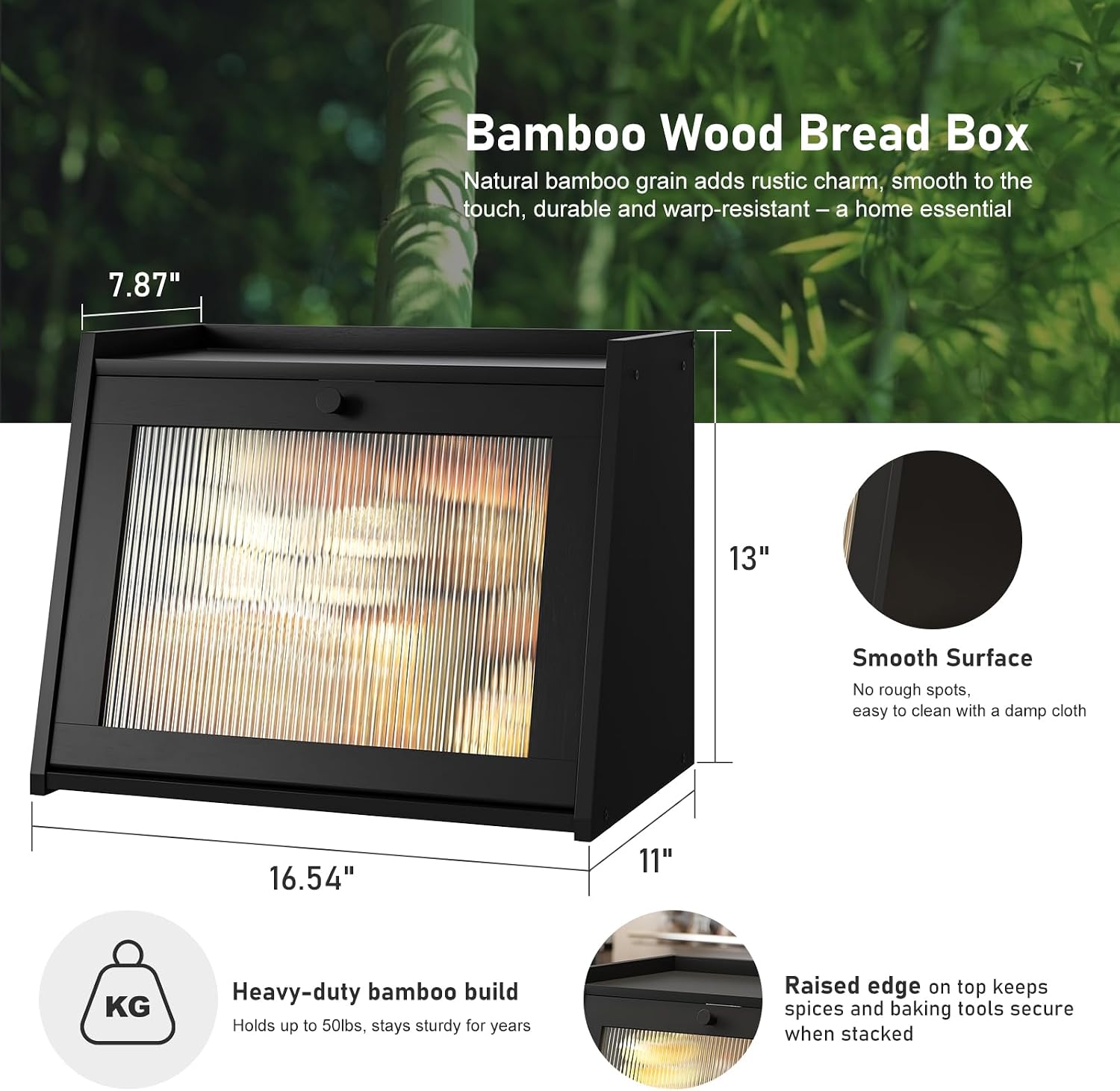 kiplant Large Bread Box for Kitchen Counter, Black Bamboo Bread Storage Container with Wavy Arcylic Transparent Door
