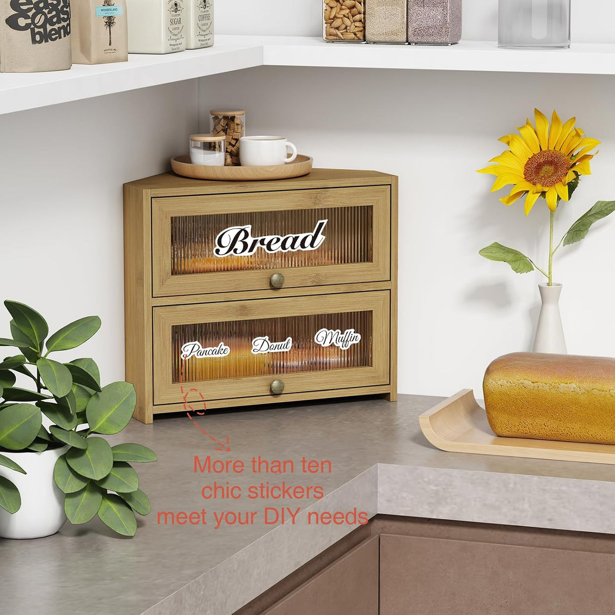 Goozii Corner Bread Box for Kitchen Countertop, Double Layer Bamboo Wood Breadbox for Homemade Bread, 2 Door Roll up