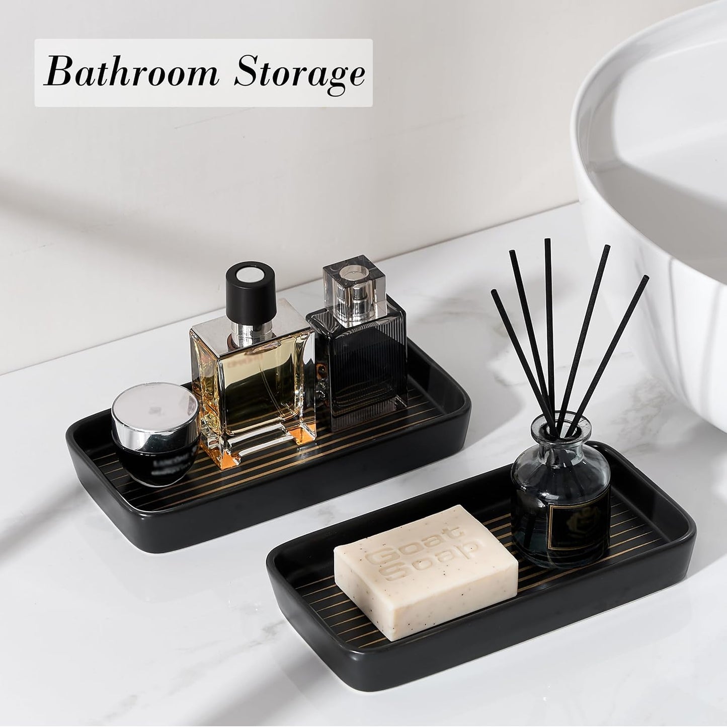 2PC Rectangle Striped Tray / Black Color with Golden Stripes / Set of 2