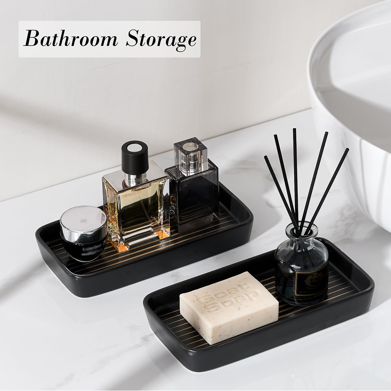 2PC Rectangle Striped Tray / Black Color with Golden Stripes / Set of 2