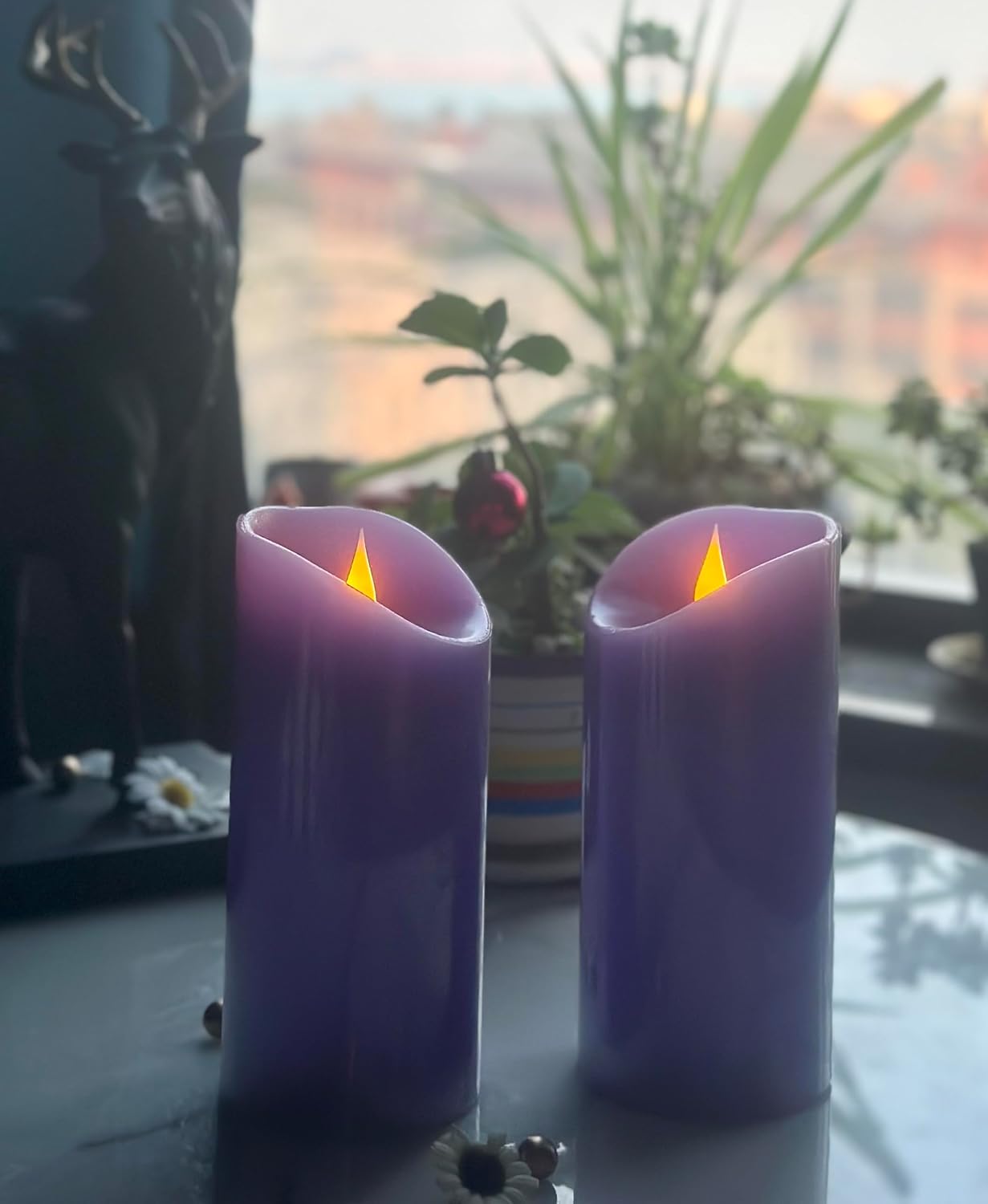 Adoria Large Purple Flameless Candles Remote and Timer Set of 2- Real Wax Pillar Candles with 3D Realistic
