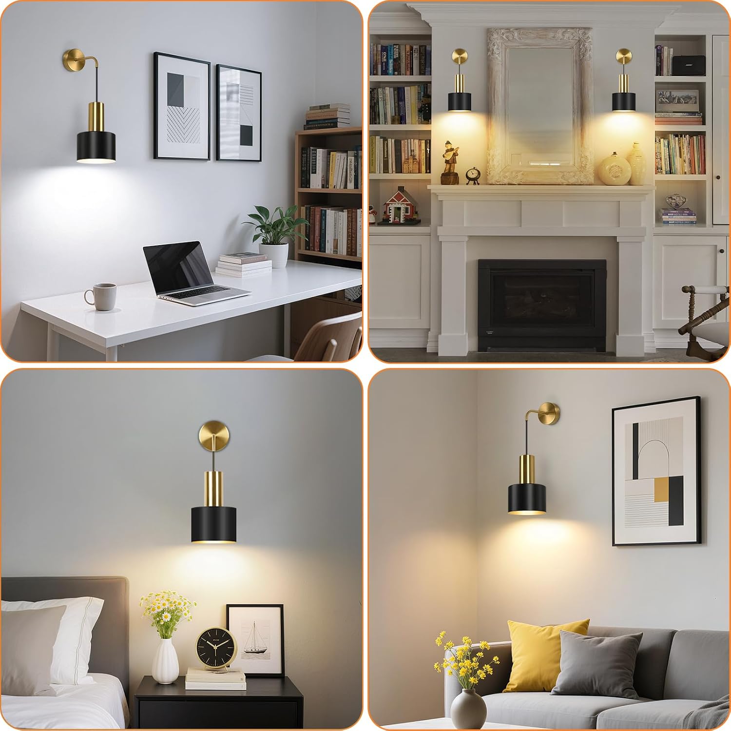 VerRon Rechargeable Wireless Battery Operated Wall Sconces Set of Two | Black & Gold Battery Powered Light with