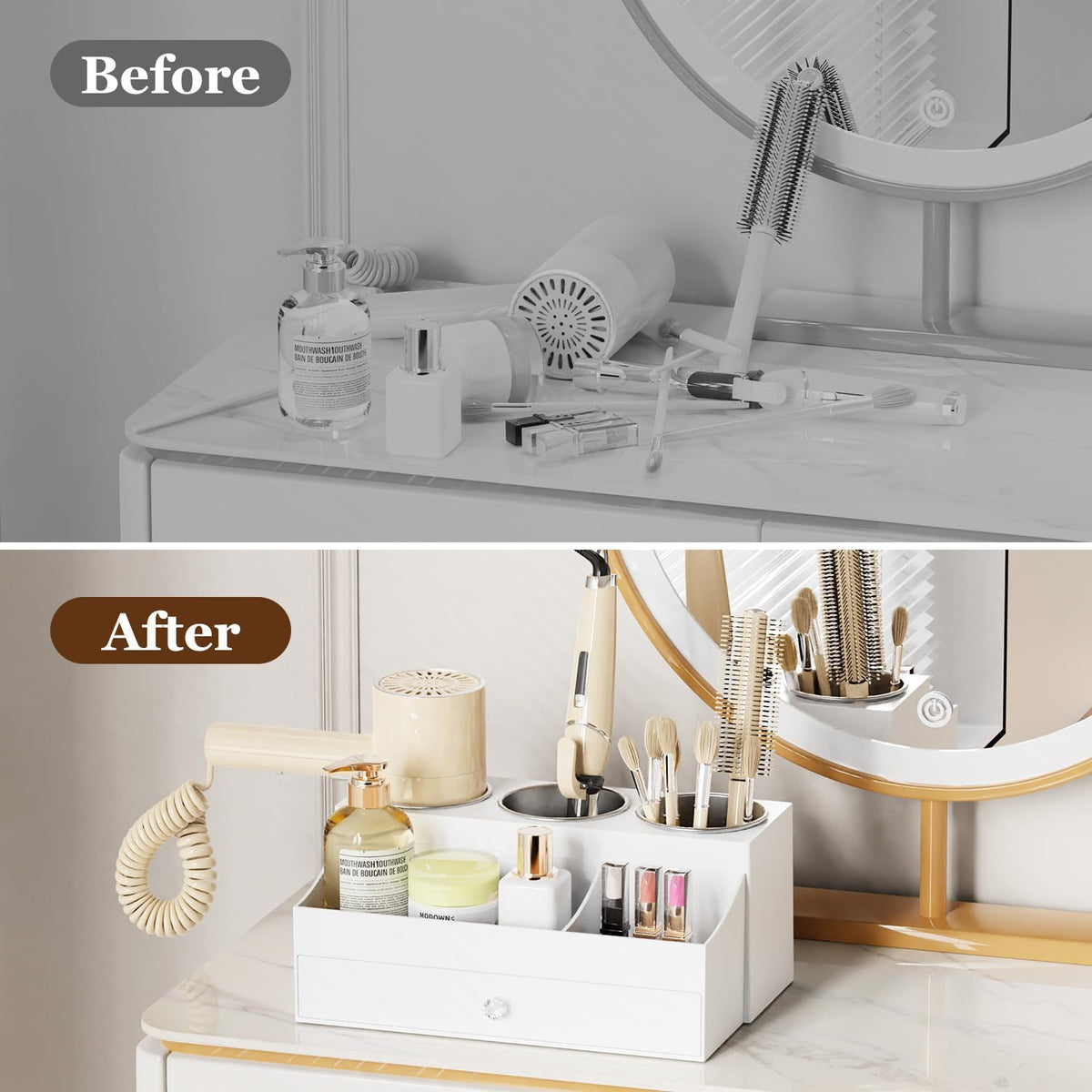 GFWARE Hot Hair Styling Tool Organizer with Drawer & 3 Cooling Cups, White | Bathroom Vanity Storage, Hair Styling