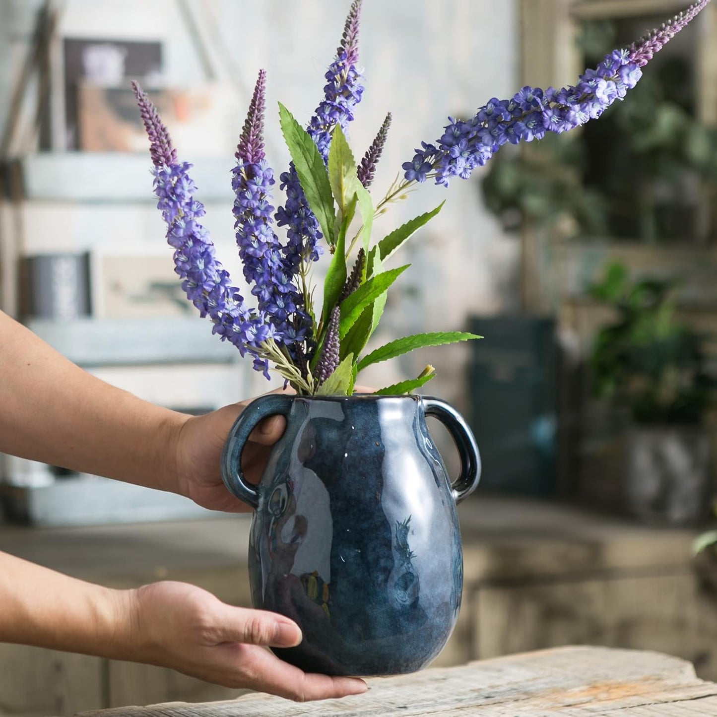 Blue Ceramic Vase / Double Handle - Blue
