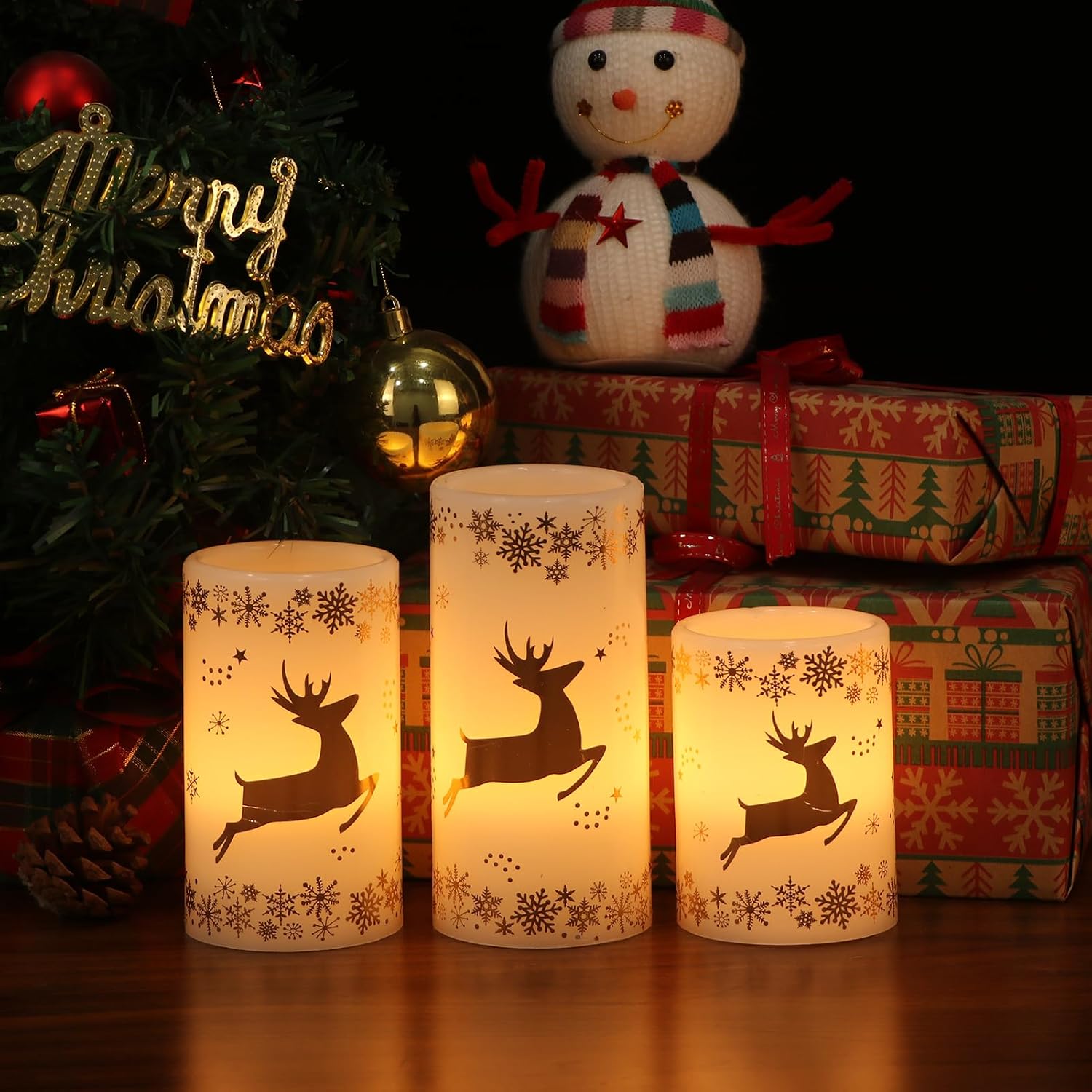 Gold Deer Flameless Candles Battery Operated with 6 Hour Timer | LED Pillar Candles Flickering, Real Wax Warm Light