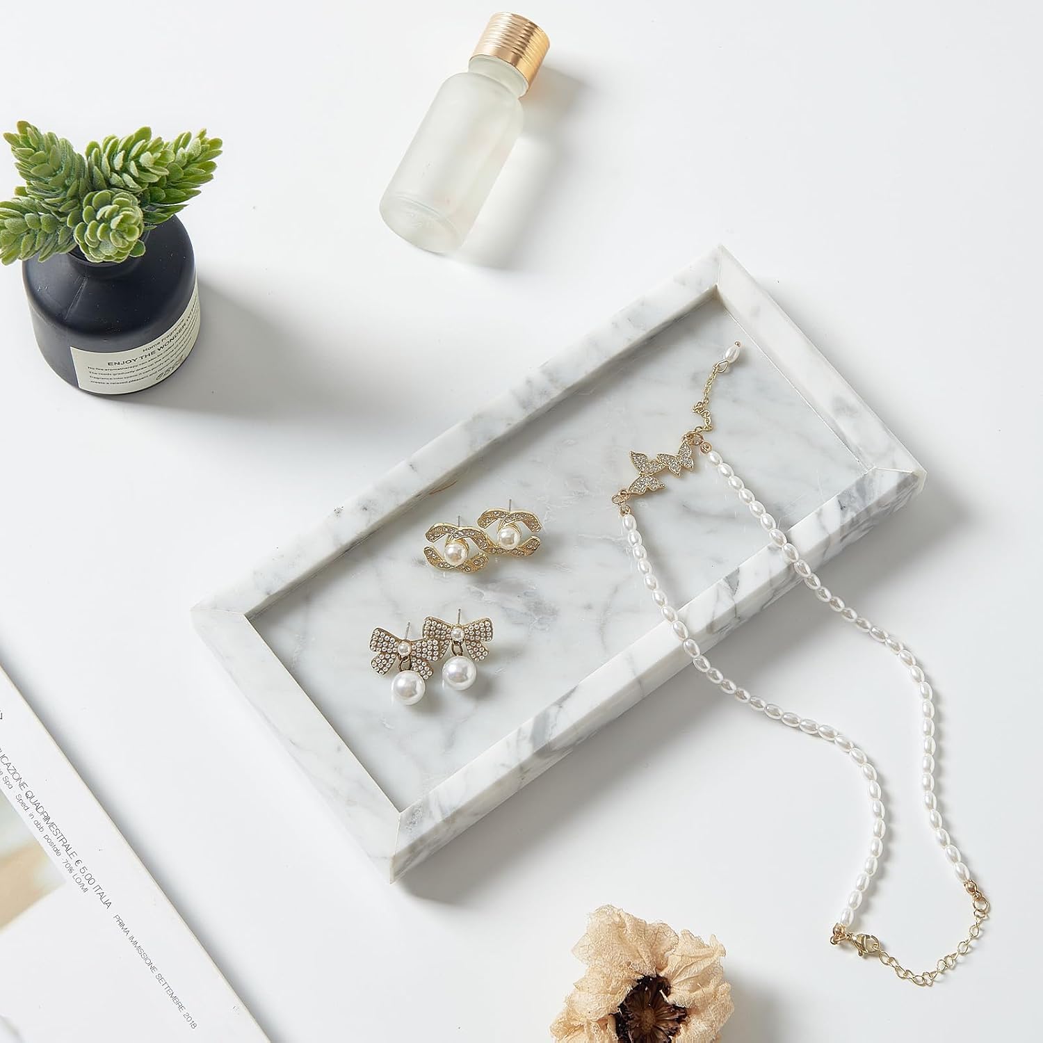 Stone Organizer / Natural Small Marble Vanity Tray / White / 7.9 x 4.3 x 0.8