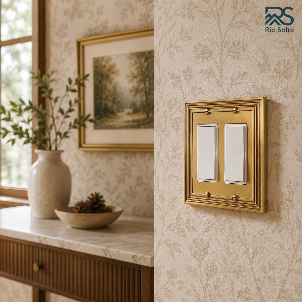 Rio Salto Double Rocker Light Switch Cover Plate 2 Decorator Paddle GFCI 2-Gang Brushed Brass Gold Metal Outlet Covers