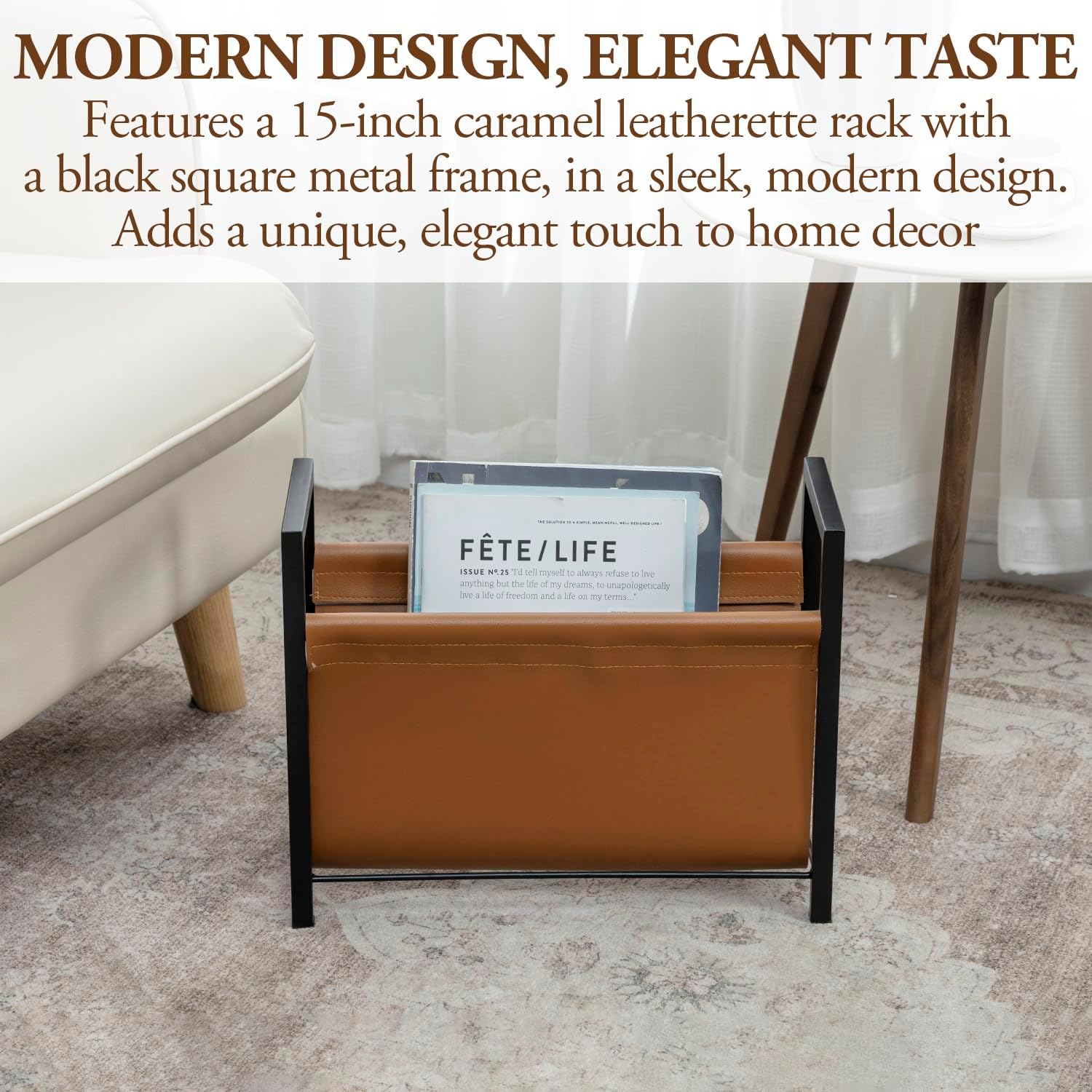 MyGift Caramel Leatherette Magazine Holder, Black Metal Floor Rack | Open sling design keeps magazines, newspapers, and