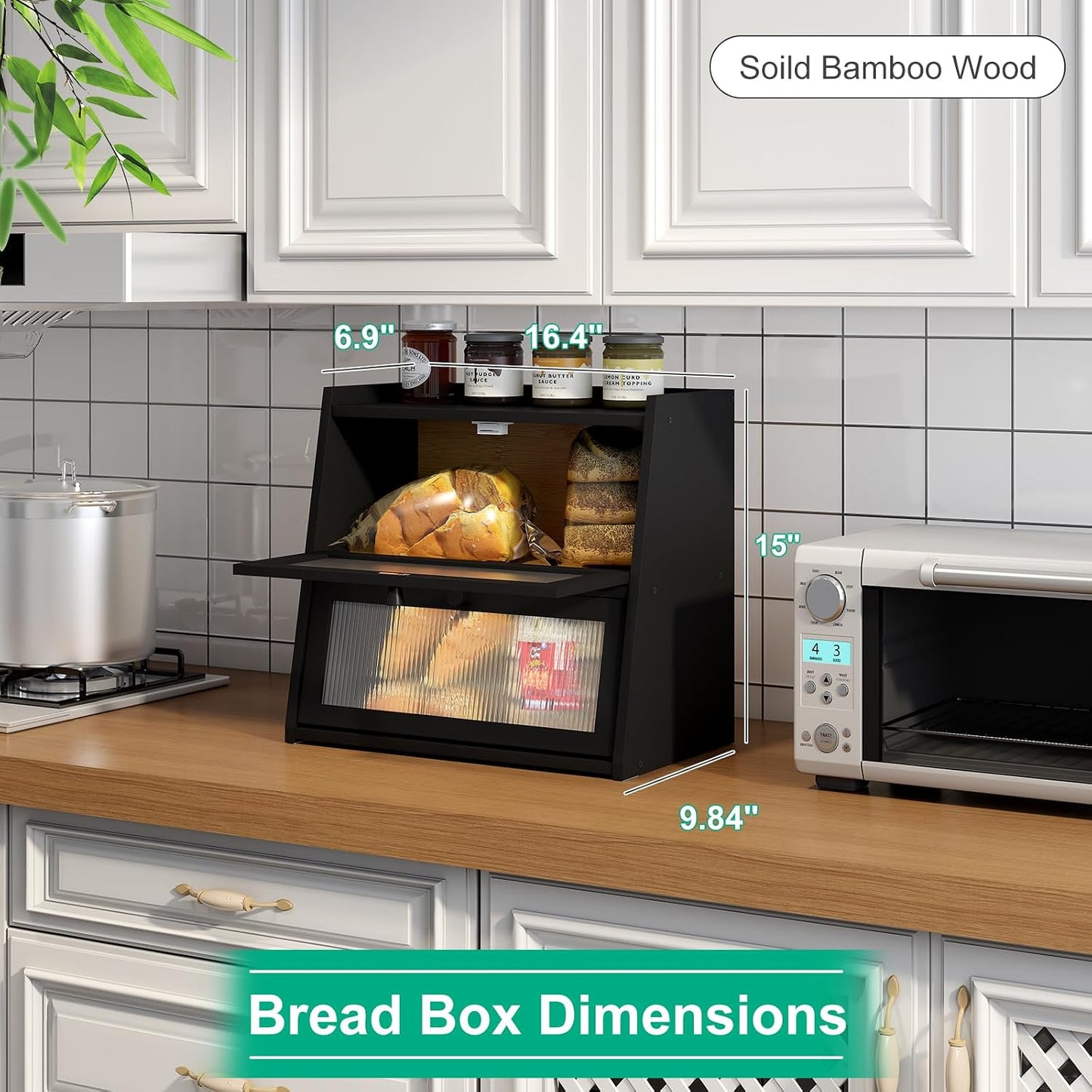 kiplant Large Black Bread Box, Double-Layer Bread Box for Kitchen Counter, Bamboo Bread Storage Container with Wavy