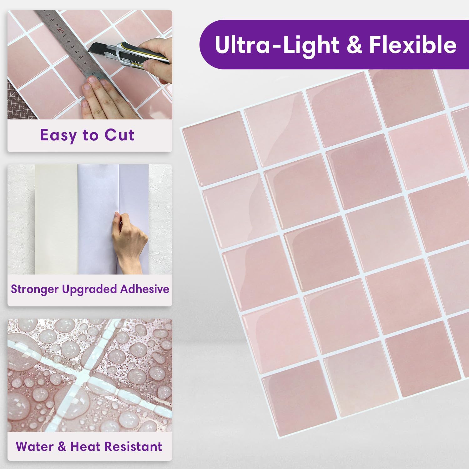 3D Adhesive Glossy Square Panels Stick / ST-SM-C / Pink / 12 x 12 / Set of 10