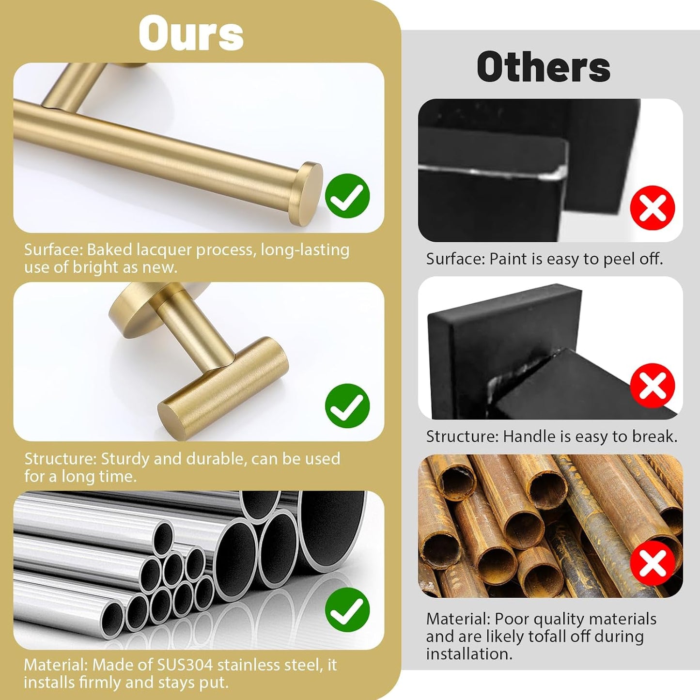 6 Pieces Brushed Gold Towel Bar Bathroom Hardware Set, 23.6Inch Brushed Gold Bathroom Accessories Towel Holder Set