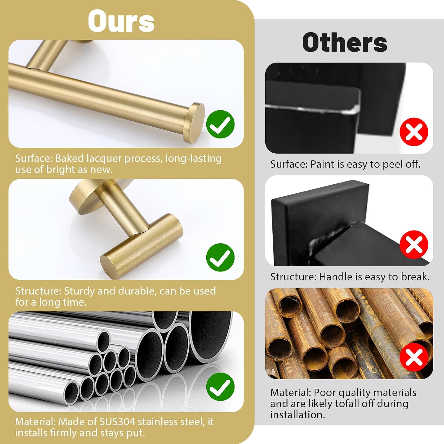6 Pieces Brushed Gold Towel Bar Bathroom Hardware Set, 23.6Inch Brushed Gold Bathroom Accessories Towel Holder Set