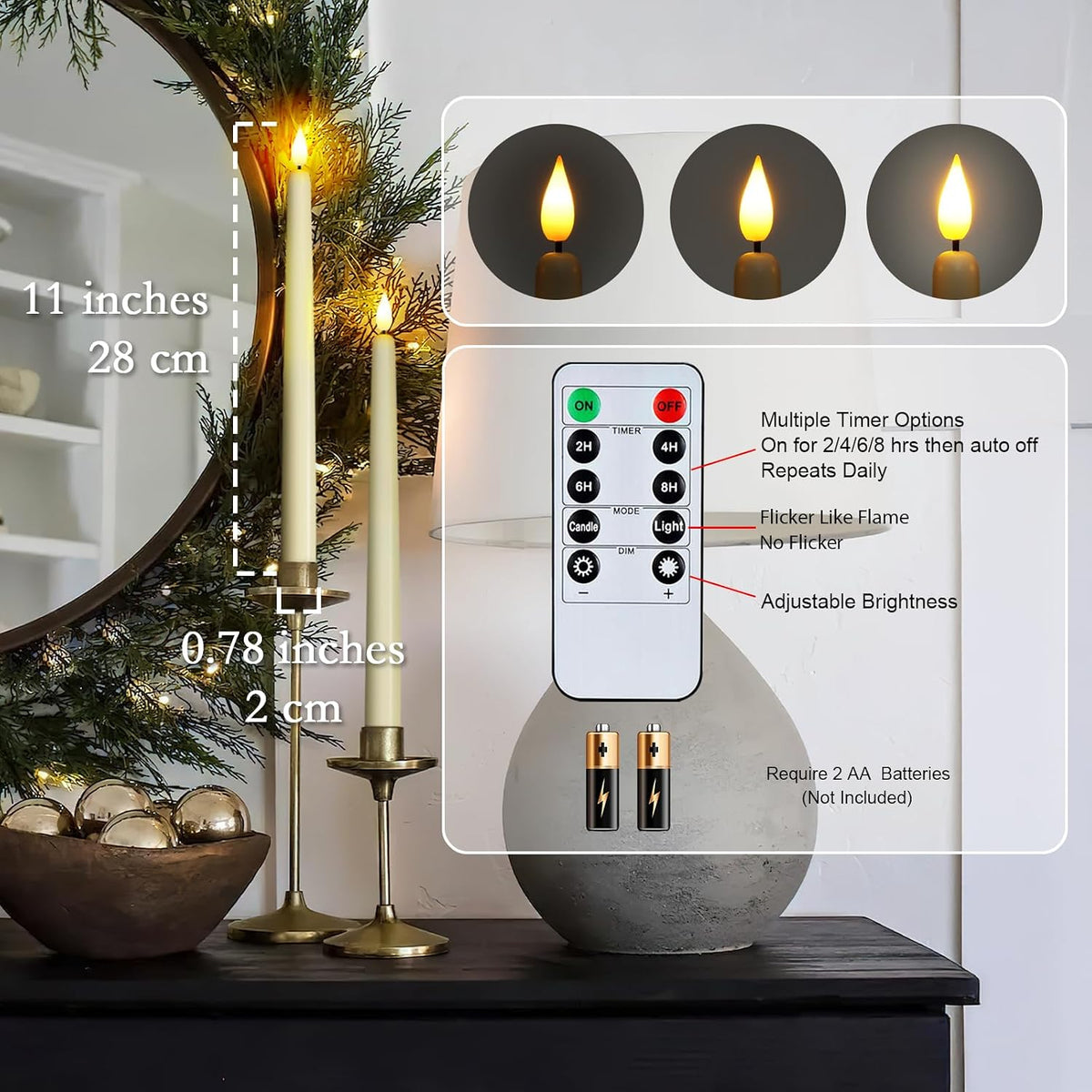 Homemory 48 Pcs Flameless Taper Candles with Remote Timer Dimmer, 11 inches Ivory Candlesticks Battery Operated