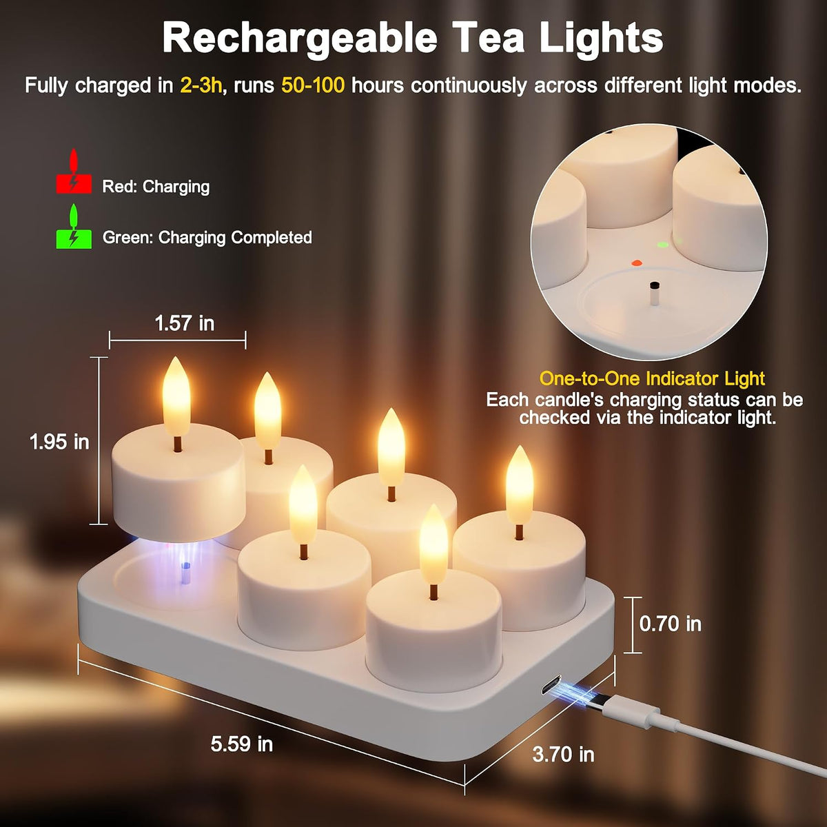 Kimjo Rechargeable Flameless Tea Lights Candles with Remote Timer, 6 Pack | Battery Operated Tealight with Charging