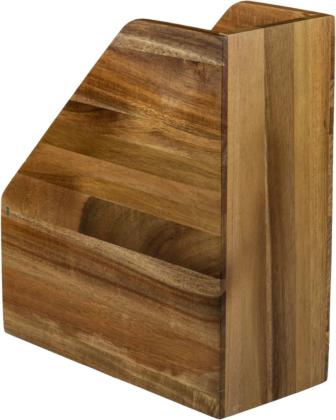MyGift Premium Hotel Series Solid Acacia Wood Desktop Magazine File Holder Bin with Brass Tone Metal Accent, Vertical