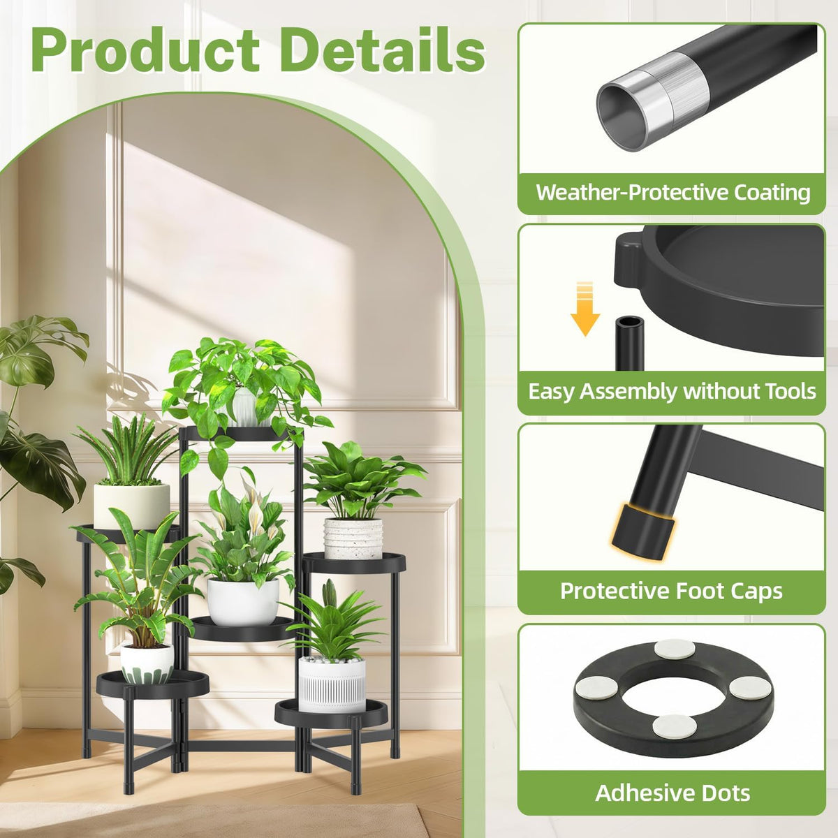 iDavosic.ly 6 Tier Folding Plastic Plant Stand Indoor, Grow Light, Black | Space Saving Tiered Corner Storage Display