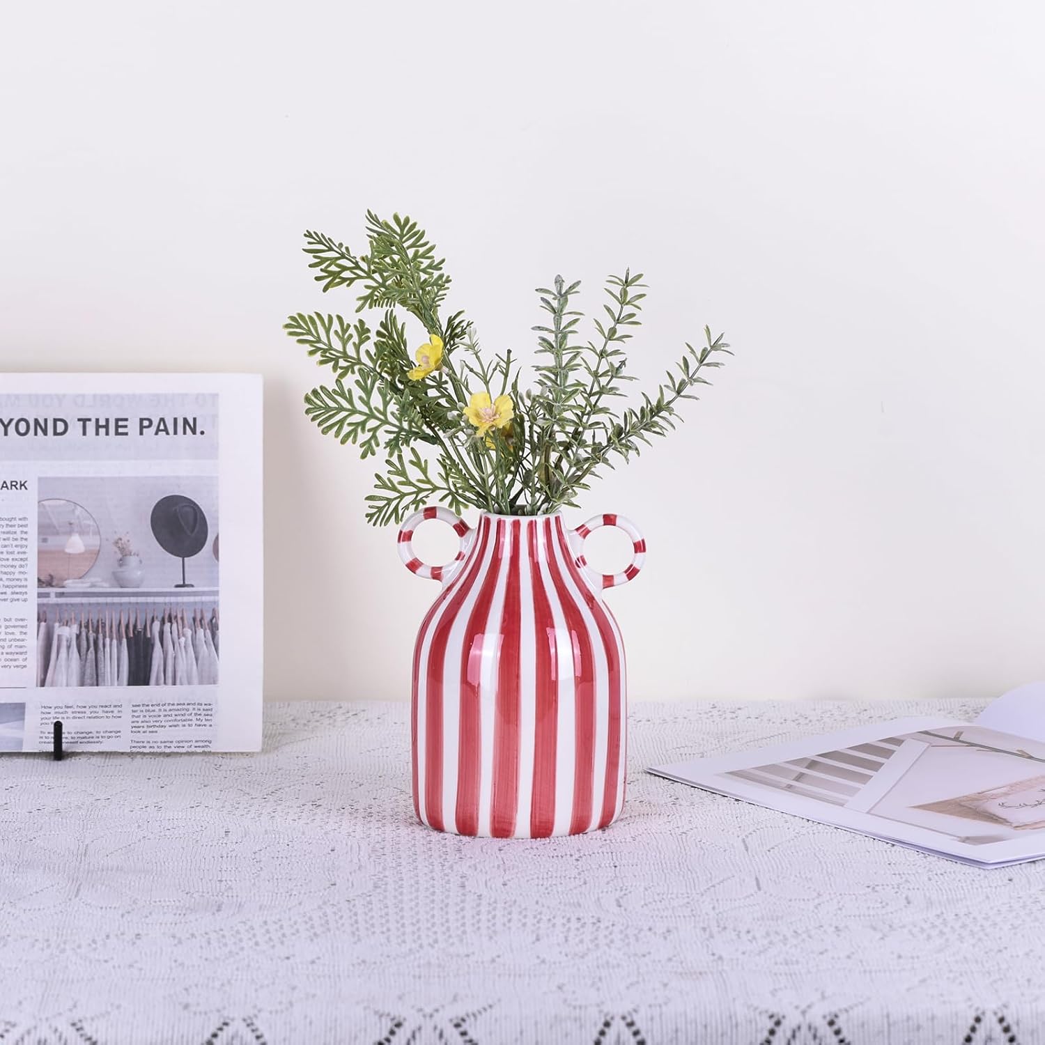 Ceramic Vase / Nordic Boho Small Vases Side Table Flower Centerpiece / Red and White