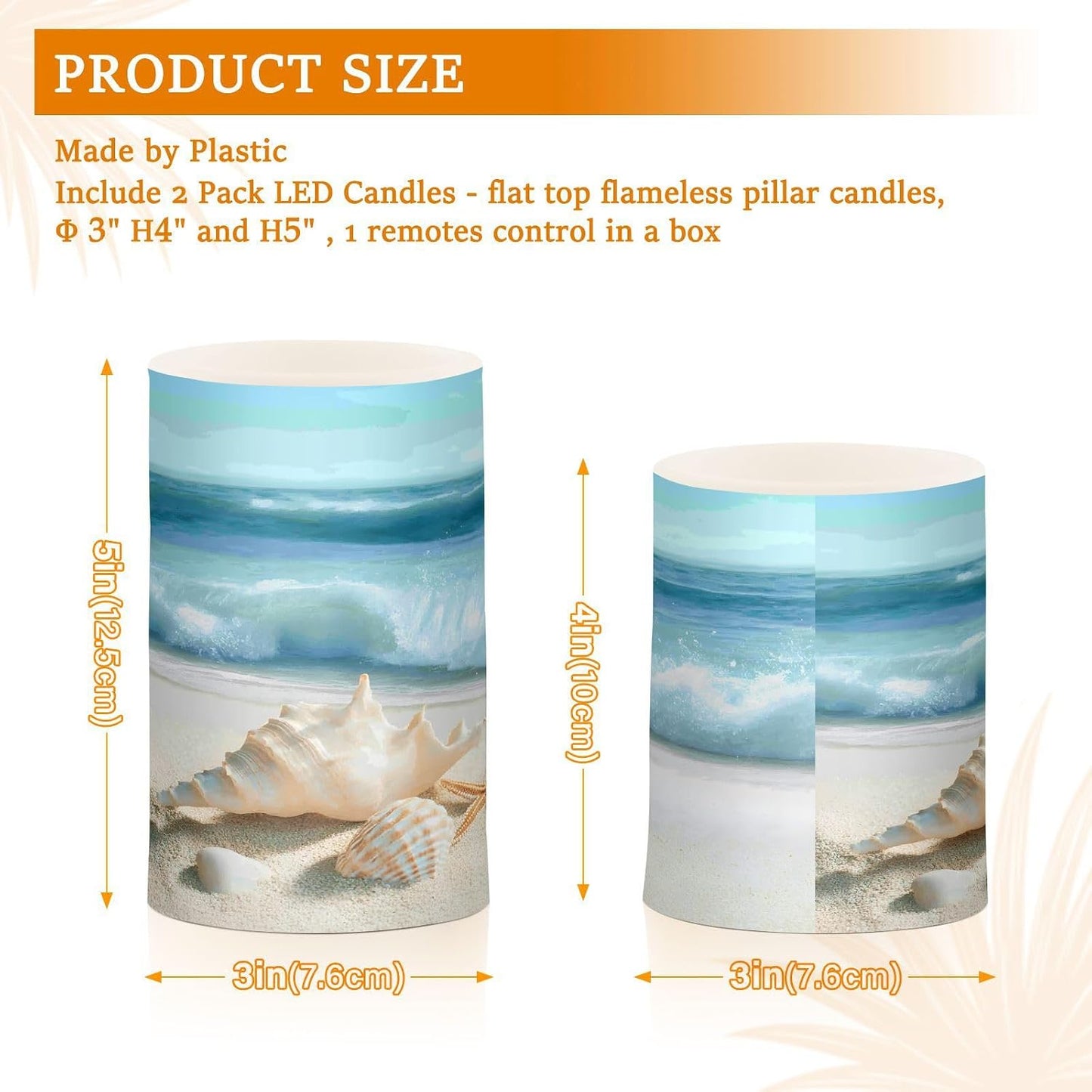 Flickering Flameless Candles, Shells Summer Sandy Beach LED Candles with Remote Timer, Set of 2 Battery Operated Candle