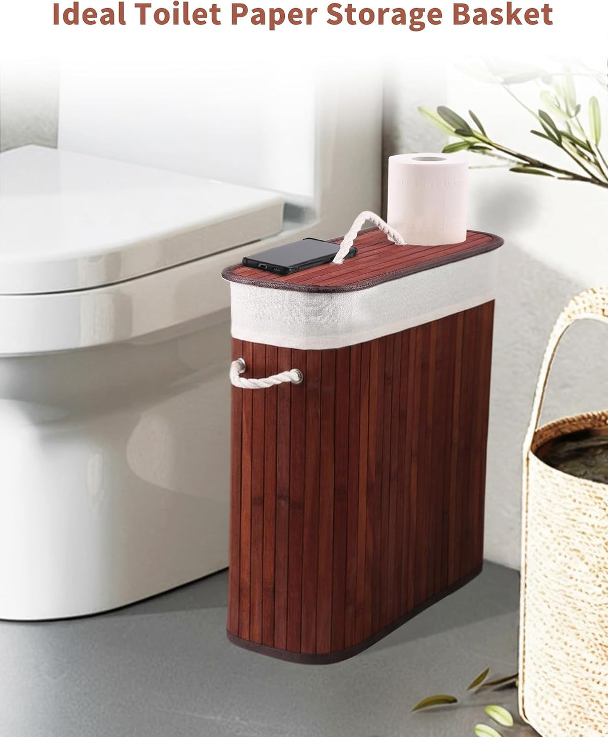 Bamboo Toilet Paper Storage with Lid & Handel, 8 Gallons (30L), Sturdy Toilet Paper Basket, Organizer for Bathroom