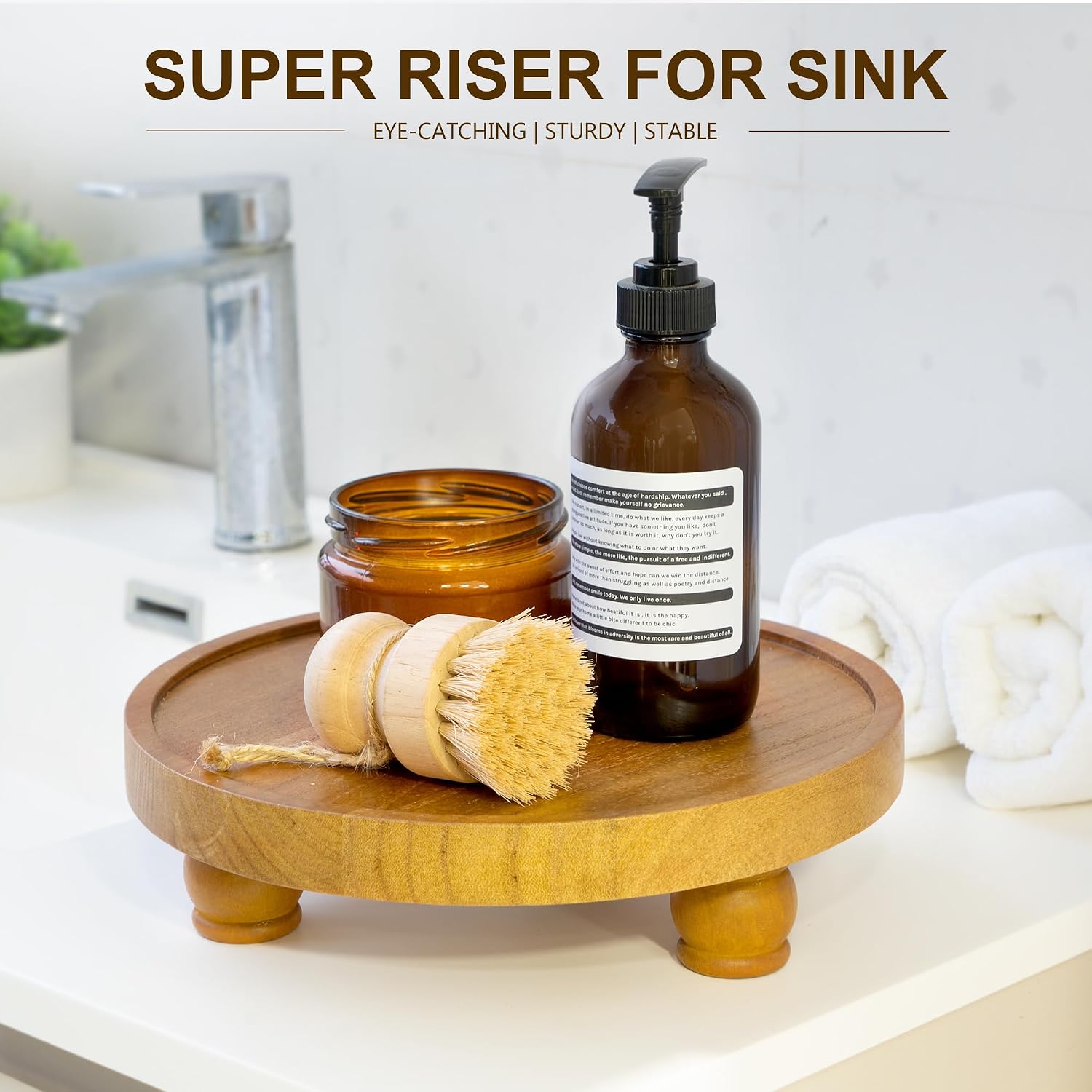 EOSAHR Wood Display Riser: Rustic Pedestal Stand for Bathroom Decor, Yellow | 10" Round Pedestal Stand, Plant Stand