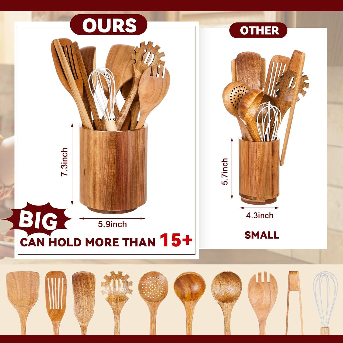 SiliFine 11 Pcs Wooden Kitchen Utensils Set with 360° Straight Rotating Holder Acacia Wood Cooking Utensils with