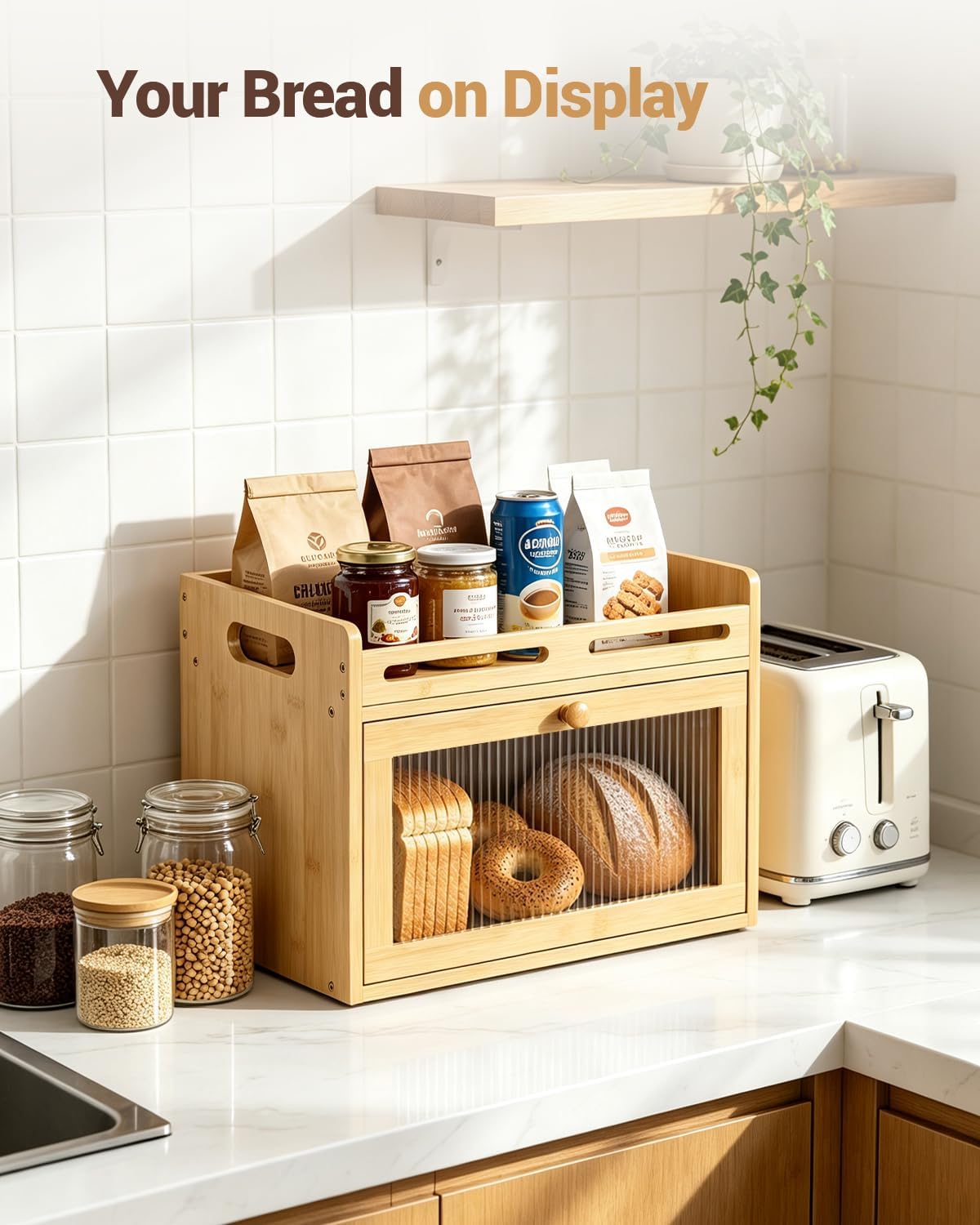Bread Box for Kitchen Countertop, Bamboo Storage with Raised Top Shelf | Acrylic Window, Rear Vents, Magnetic Closure