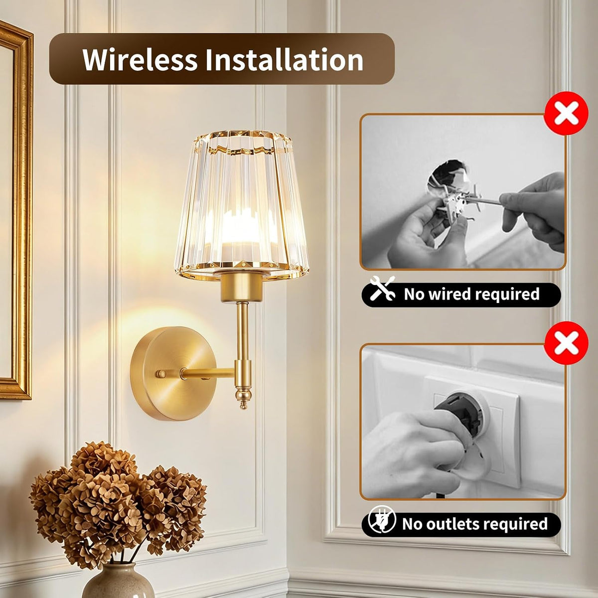 Battery Operated Wall Sconce Set of 2, Rechargeable Wireless Wall Lights | with 5200mAh Dimmable Bulbs and Remote,15