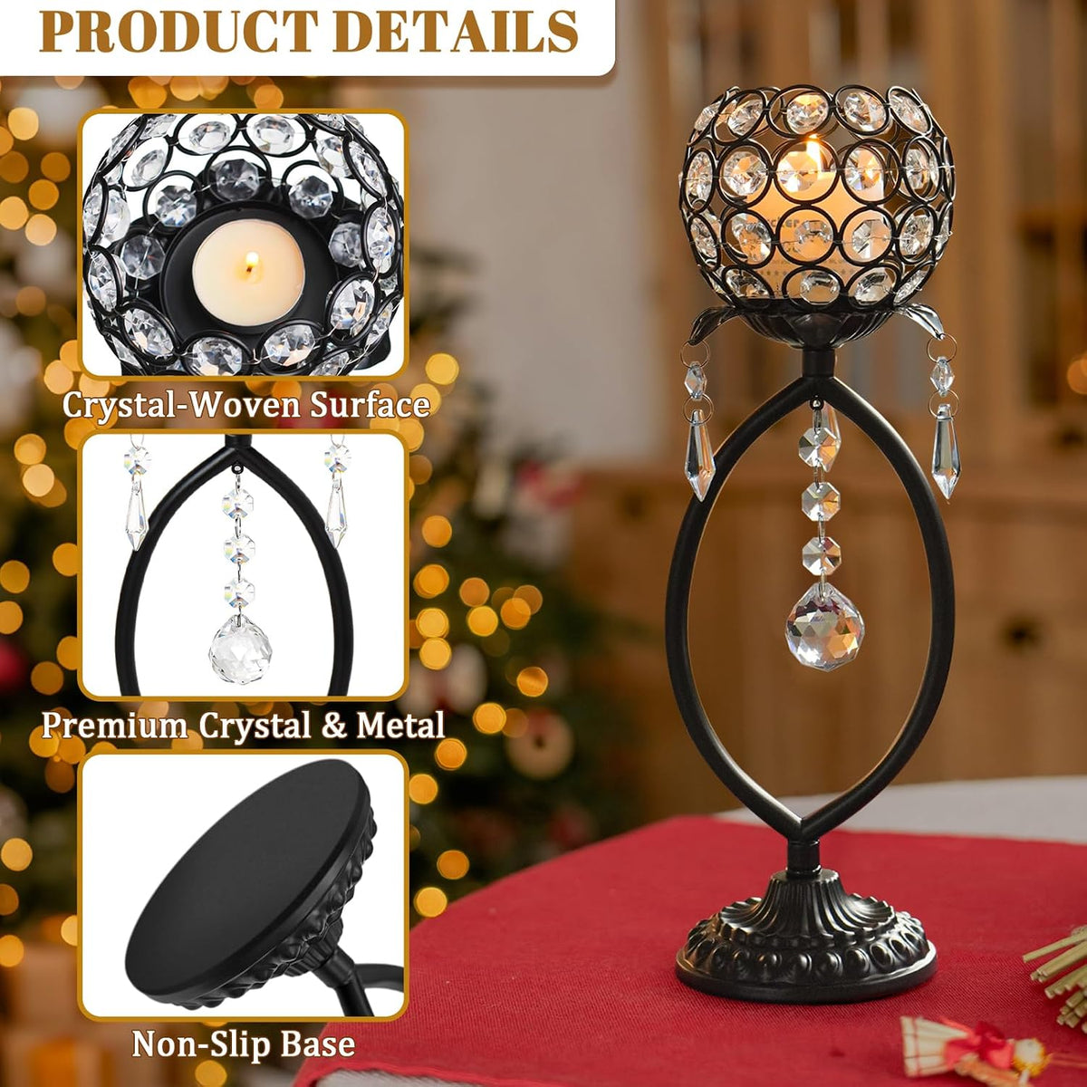 6 Pcs Black Elegant Metal Crystal Tea Light Candle Holders with Crystal Pendants, Hollow Design - Wedding Table