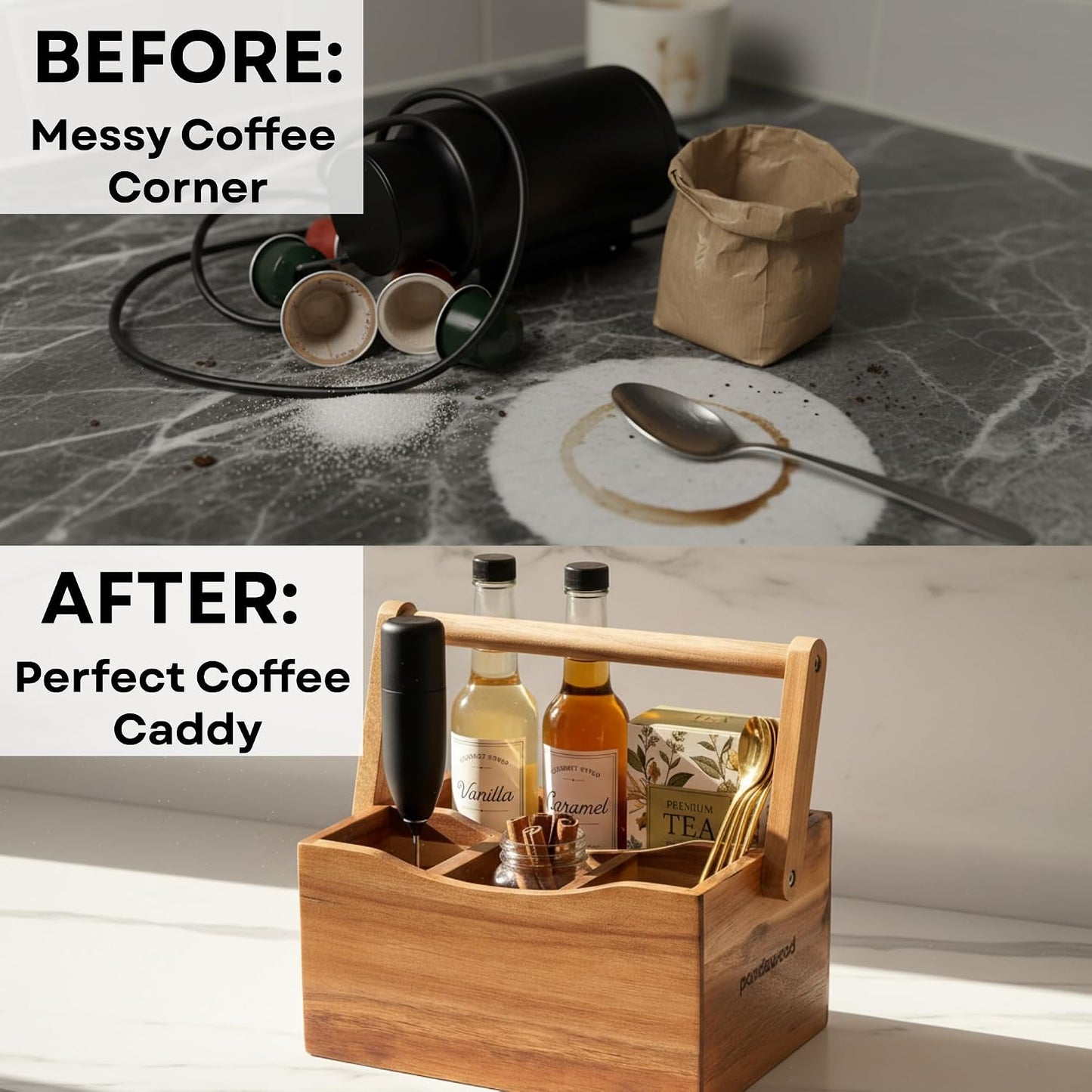 Utensil Caddy for Parties, Acacia Wood Silverware Holder for Countertop