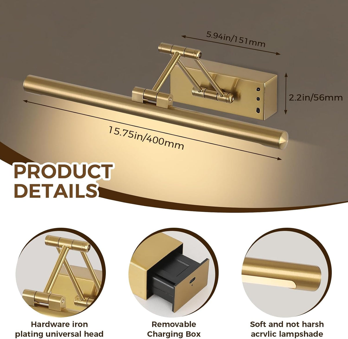 Picture Lights for Wall Battery Operated Art Light Wireless Brass 15.75Inch | Rechargeable Gallery Light with Remote