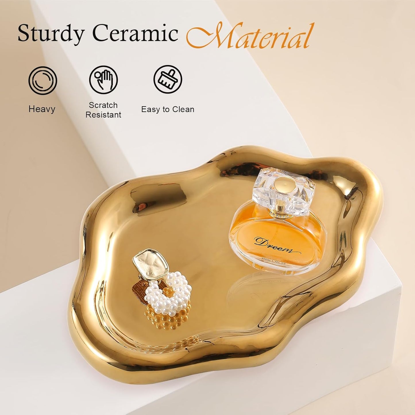 Ceramic Jewelry Tray Trinket Dish / Gold / 10.2 x 6.3 x 0.6