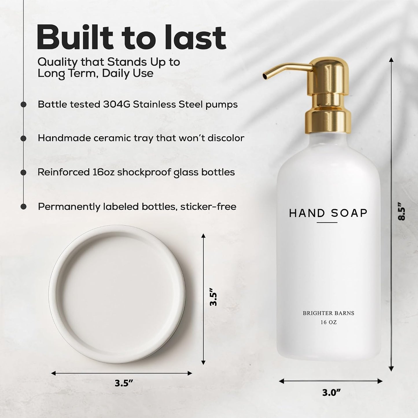 Luxury Glass Hand Soap Dispenser Bathroom Set by Brighter Barns - Hand Soap Dispenser with Stainless Steel Pump - Glass