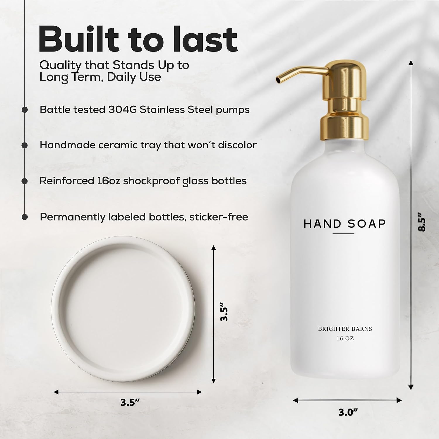 Luxury Glass Hand Soap Dispenser Bathroom Set by Brighter Barns - Hand Soap Dispenser with Stainless Steel Pump - Glass