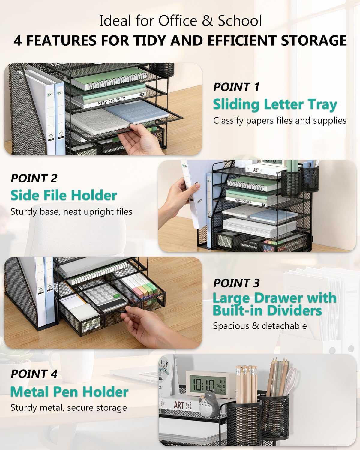 WALI Desk File Organizer, 6 Tier Desktop Paper Letter Tray Organizer with Drawer and 2 Pen Holders, Office Desk