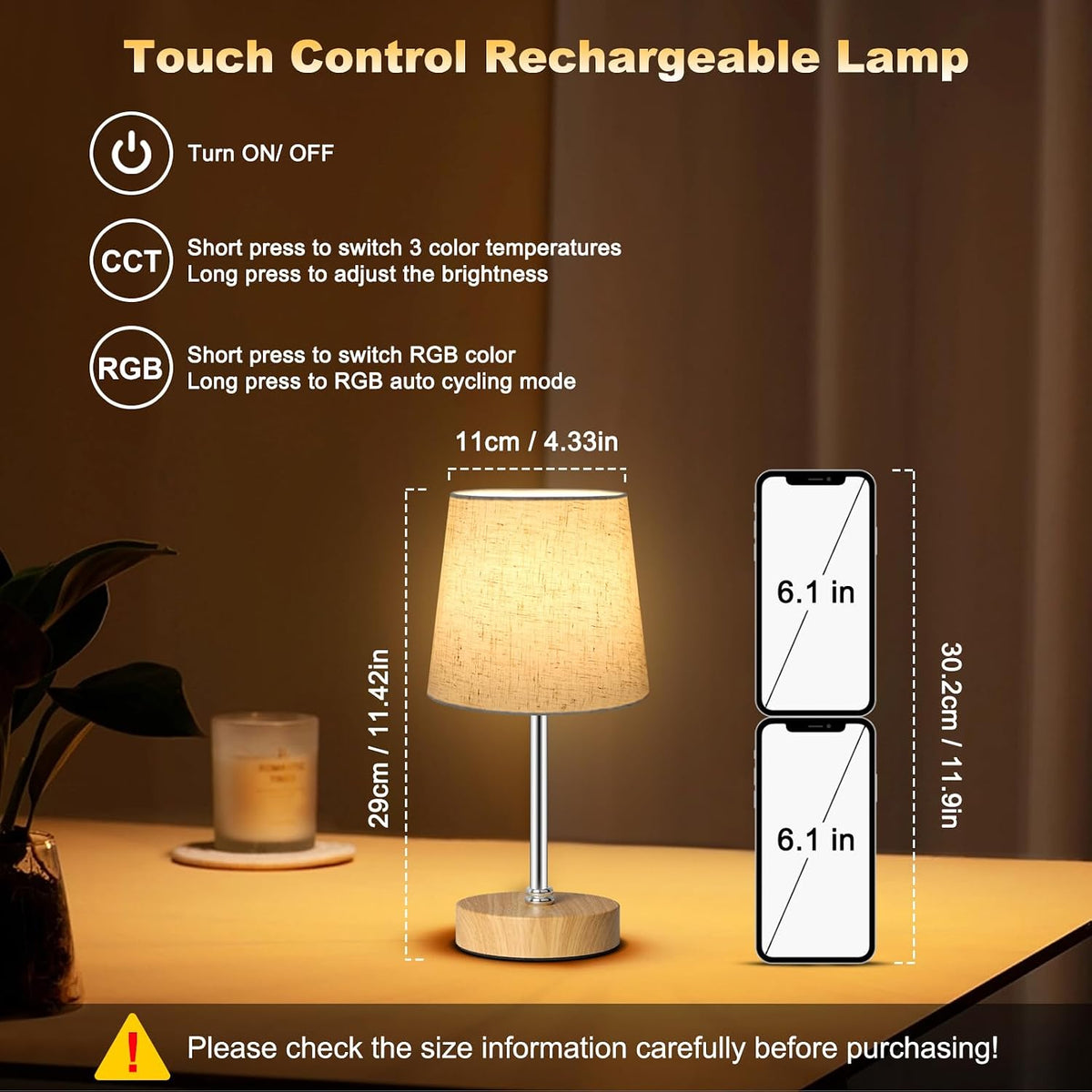 Wowag Small Cordless Table Lamp,5000mAh Rechargeable Battery Operated Desk Lamp,3 Colors & 7 RGB Stepless Dimmable