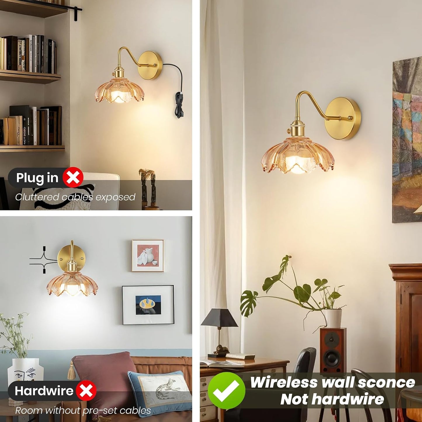 Vintage Glass Sconces, Battery Operated Wall Light with Remote, Rechargeable Wall Sconces RGB, No Socket Required, Easy