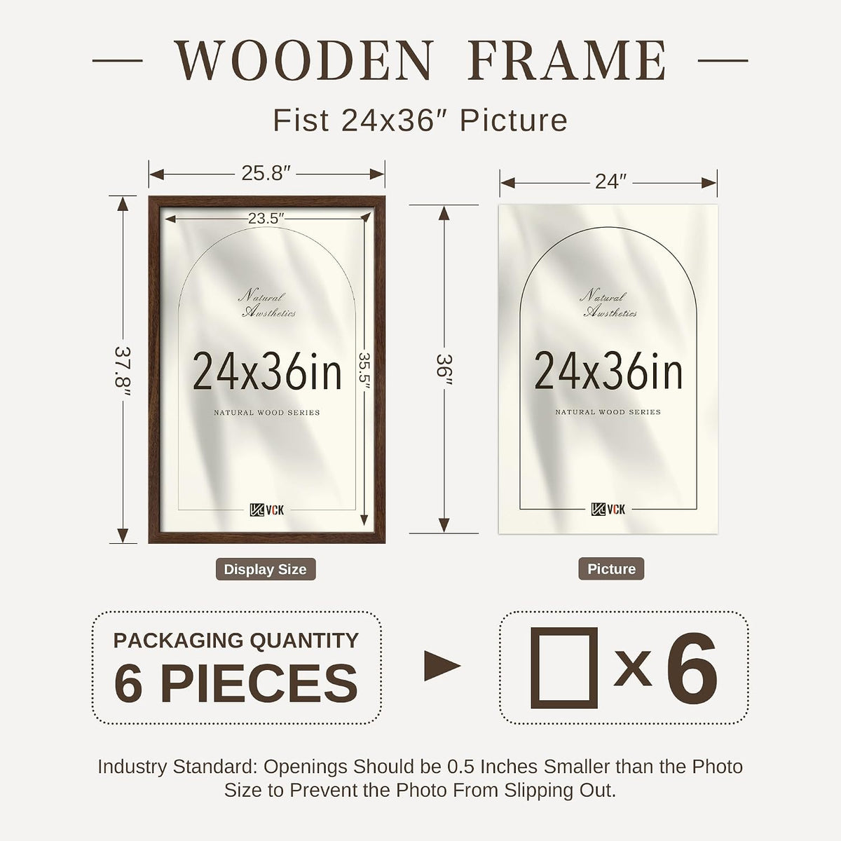 VCK 24x36 Poster Frame Set of 6, Elegant Brown Wood Picture Frame | 1.1in Wide Border, Wall Hanging, HD Plexiglass