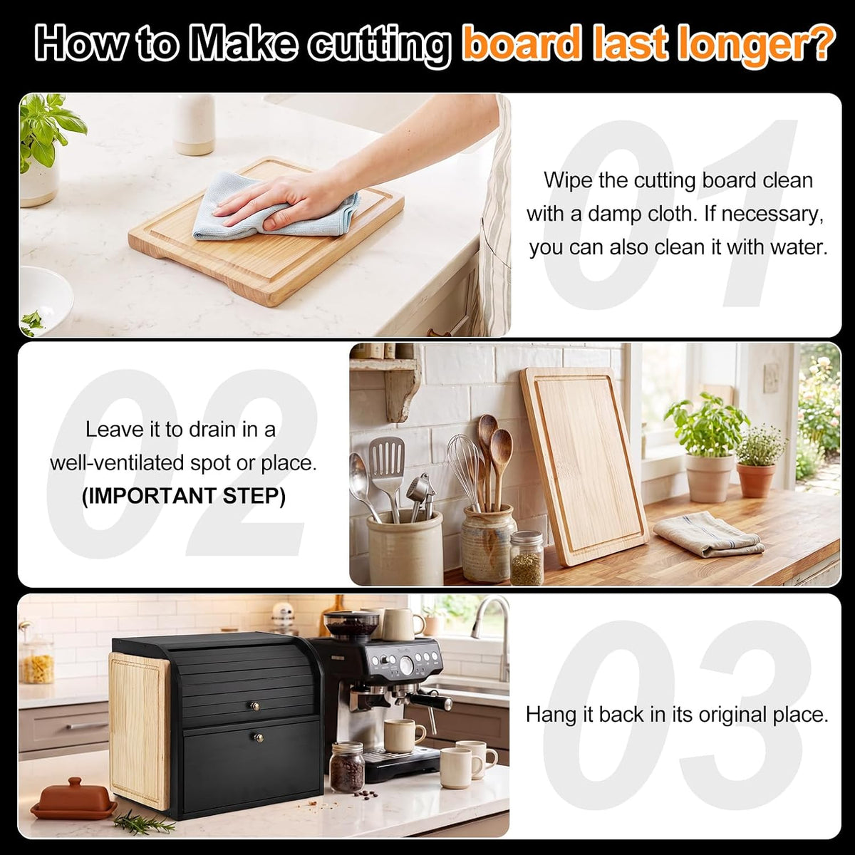 Alpeir Roll Top Bread Box with Cutting Board for Kitchen Countertop, Black | Large Breadbox with Ventilation Holes