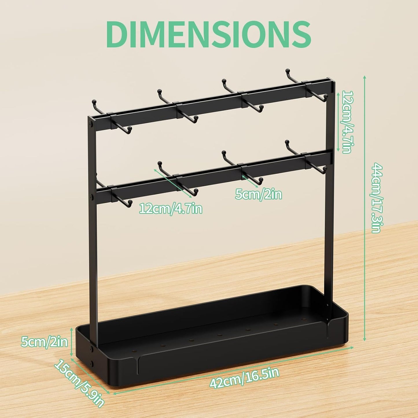 Coffee Mug Holder, 2 Tier Metal Mug Rack with 16 Movable Hooks | Extra Cup Holder for Countertop, Organize Coffee Mugs