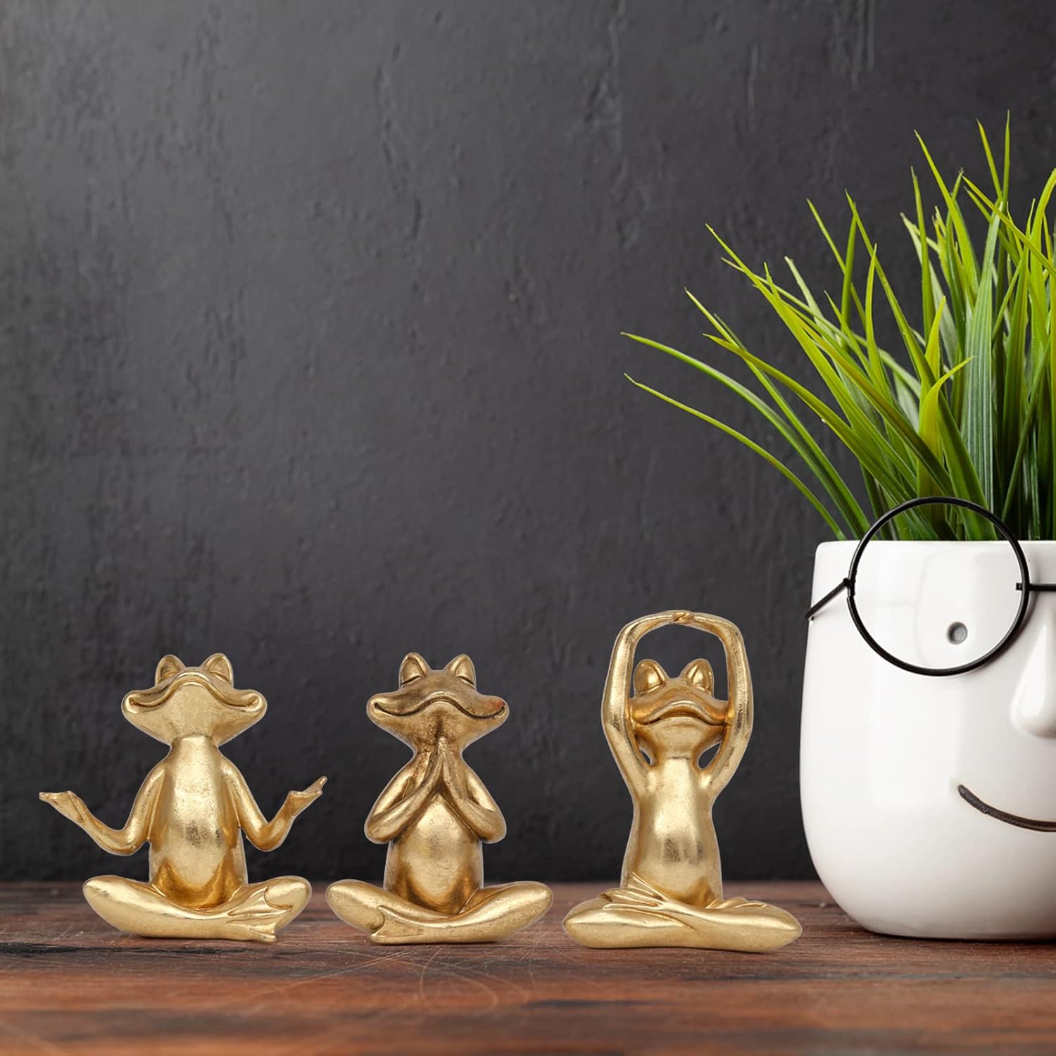 Frog Figurines Yoga Decor -Frog Yoga Statues for Modern Living Room / Gold / 3.7 Inch / Set of 3