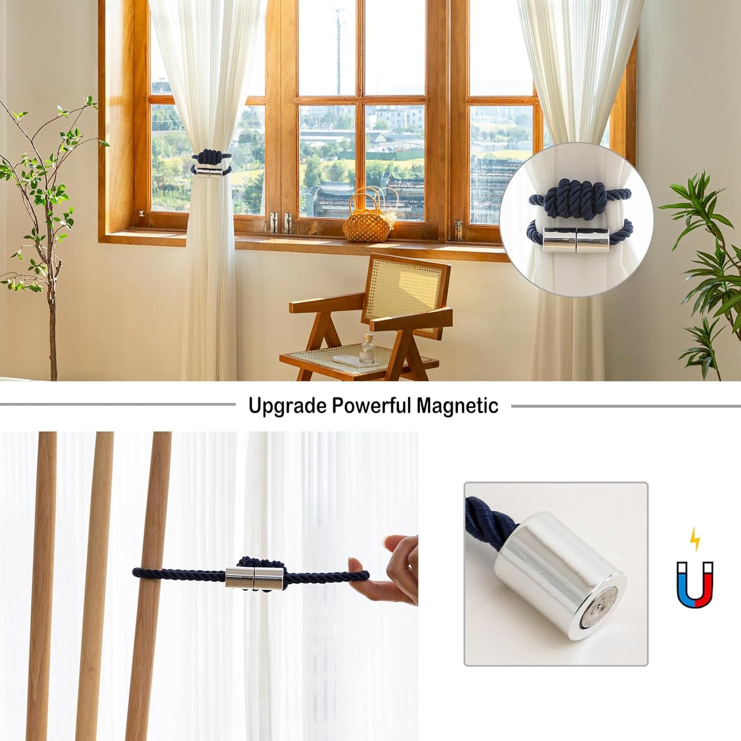 Curtain Tiebacks Magnetic Decorative Rope Tie Backs Holdbacks Contoeey | 8 Pack Navy Modern Elegant Window Treatment