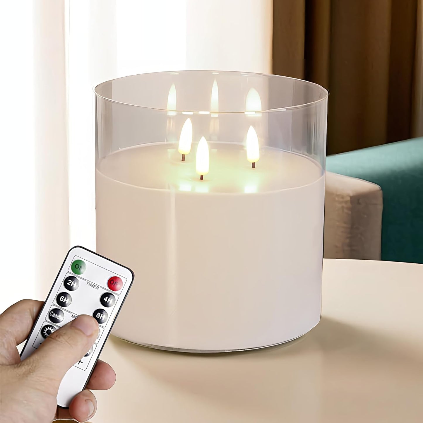 NICEME Extra Large 3 Wick Battery Operated Candle, 6"x6" Big Clear Glass Flameless Candles with Remote, Real Wax
